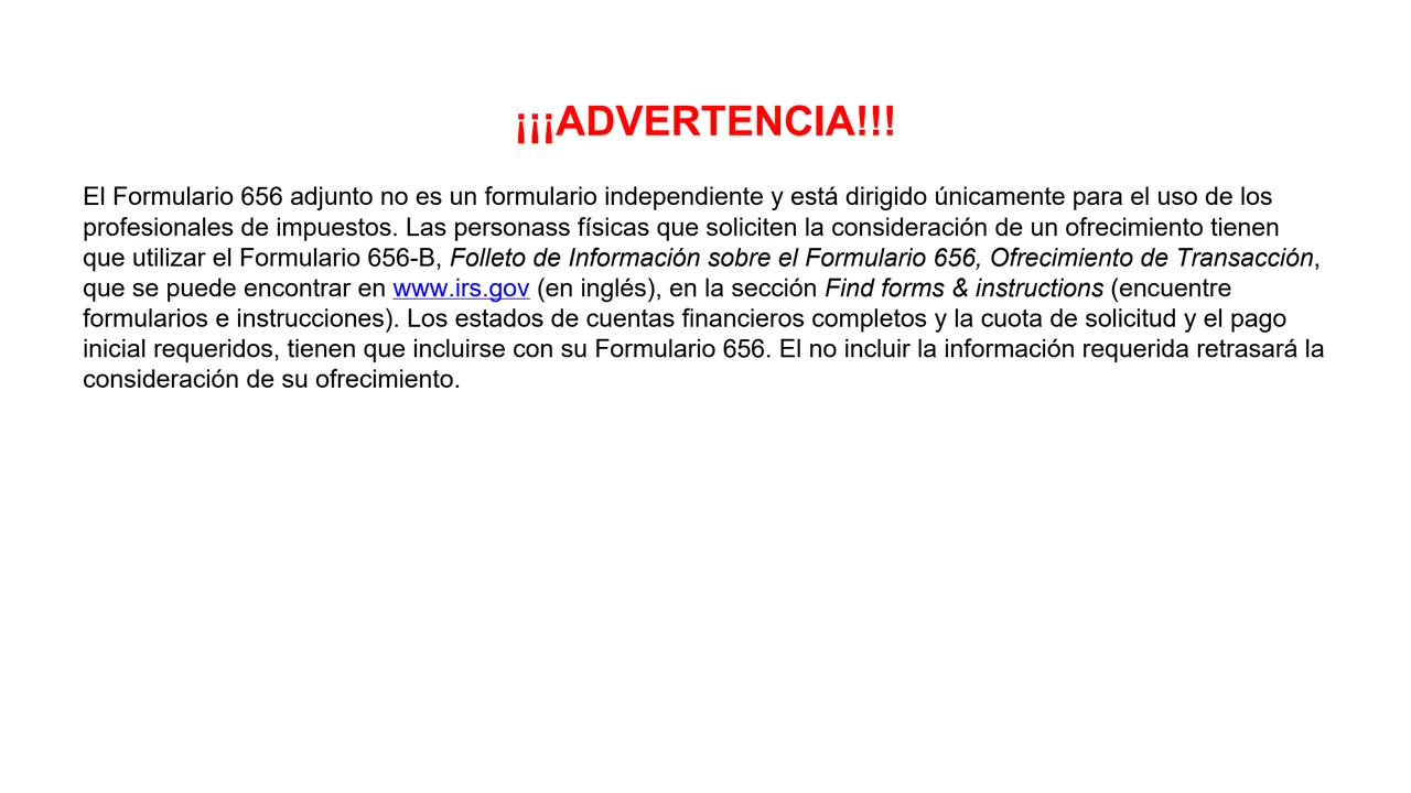 Top of page 1 of Form 656 (sp): Offer in Compromise, Spanish Version, as printed by IRS