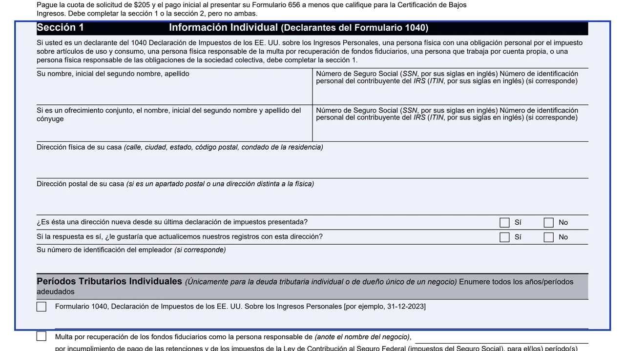 Sección 1: Información Individual on page 2 of Form 656 (sp): Offer in Compromise, Spanish Version, as printed by IRS