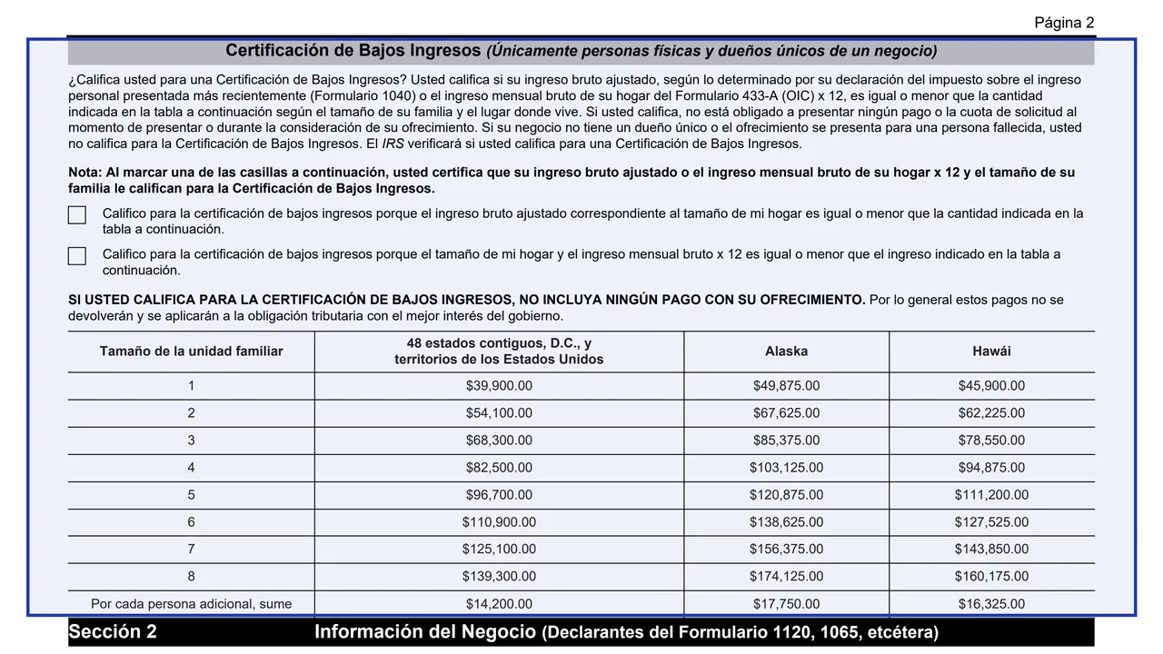 Certificación de Bajos Ingresos on page 3 of Form 656 (sp): Offer in Compromise, Spanish Version, as printed by IRS