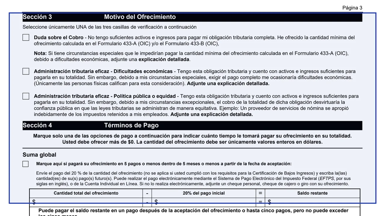Sección 3: Motivo del Ofrecimiento on page 4 of Form 656 (sp): Offer in Compromise, Spanish Version, as printed by IRS