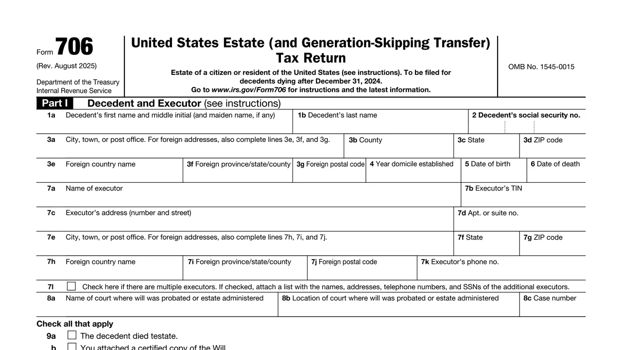Top of page 1 of Form 706: United States Estate (and Generation-Skipping Transfer) Tax Return, as printed by IRS