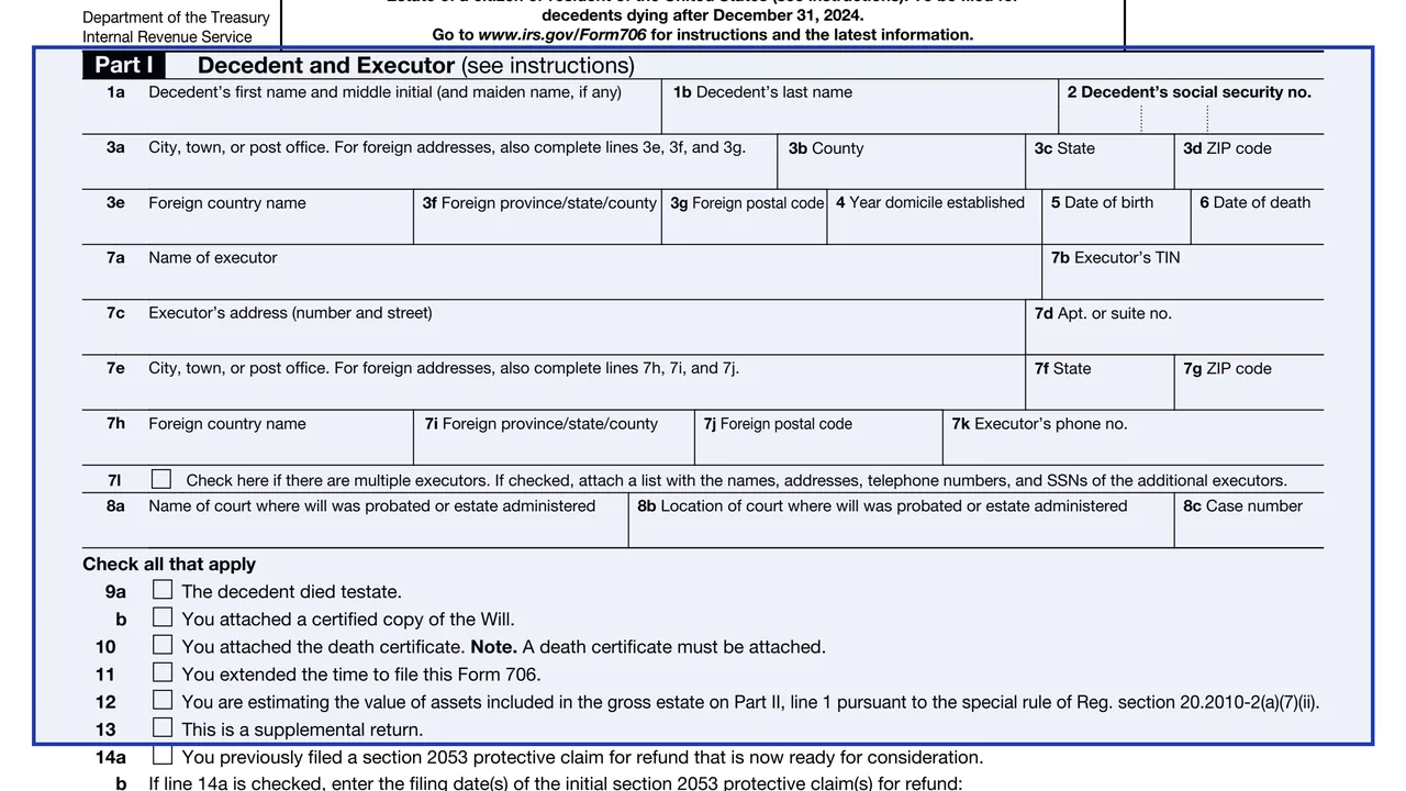 Part I: Decedent and Executor on page 1 of Form 706: United States Estate (and Generation-Skipping Transfer) Tax Return, as printed by IRS