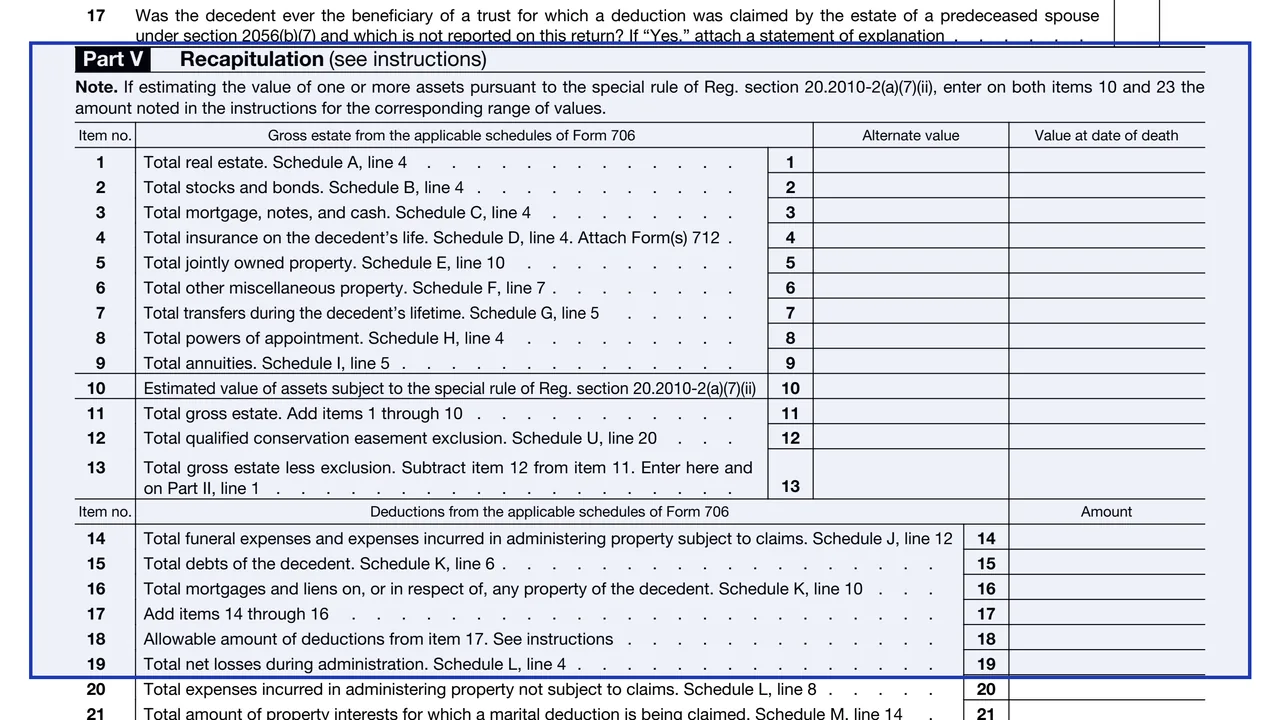 Part V: Recapitulation on page 4 of Form 706: United States Estate (and Generation-Skipping Transfer) Tax Return, as printed by IRS