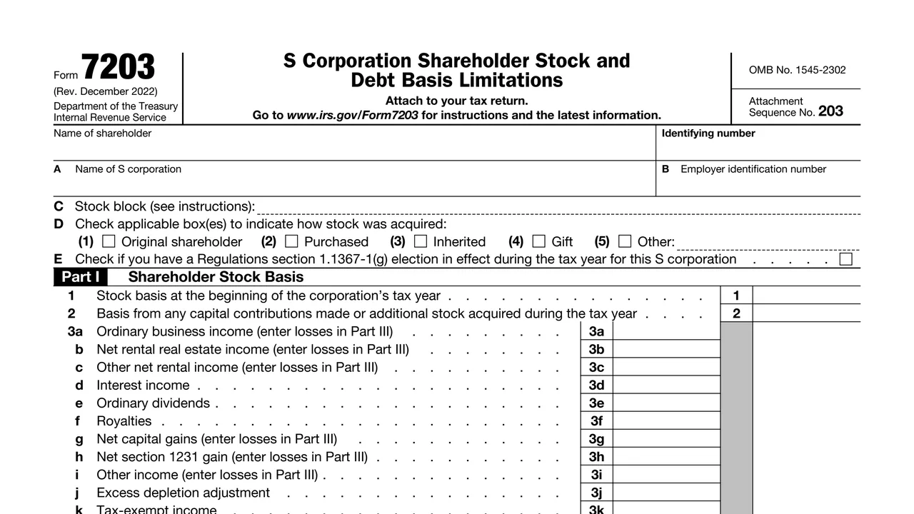 Top of page 1 of Form 7203: S Corporation Shareholder Stock and Debt Basis Limitations, as printed by IRS