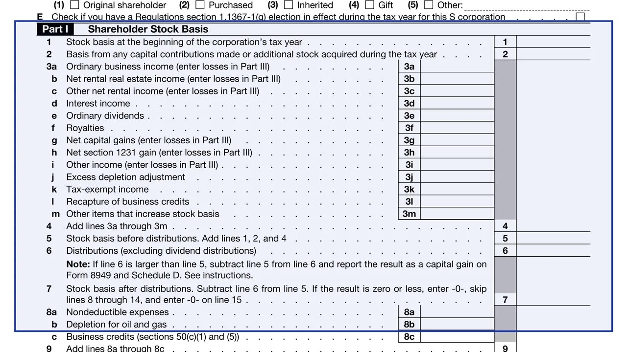 Part I: Shareholder stock basis on page 1 of Form 7203: S Corporation Shareholder Stock and Debt Basis Limitations, as printed by IRS