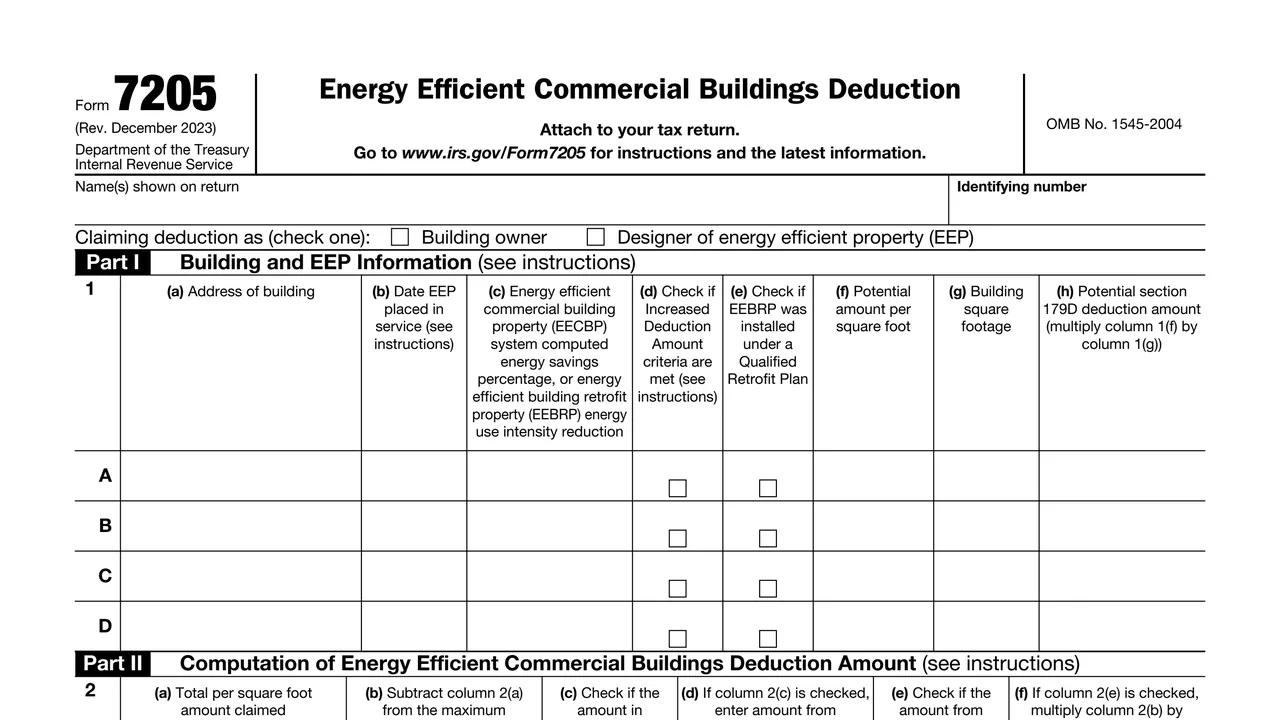 Top of page 1 of Form 7205: Energy Efficient Commercial Buildings Deduction, as printed by IRS