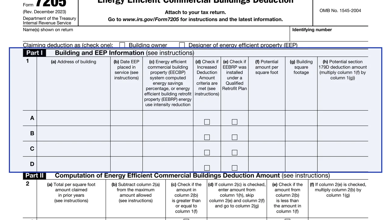 Part I: building and EEP information on page 1 of Form 7205: Energy Efficient Commercial Buildings Deduction, as printed by IRS