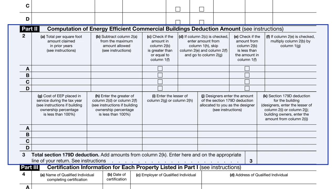 Part II: deduction computation on page 1 of Form 7205: Energy Efficient Commercial Buildings Deduction, as printed by IRS