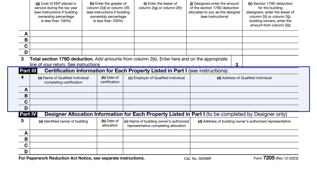 Part III: certification on page 1 of Form 7205: Energy Efficient Commercial Buildings Deduction, as printed by IRS