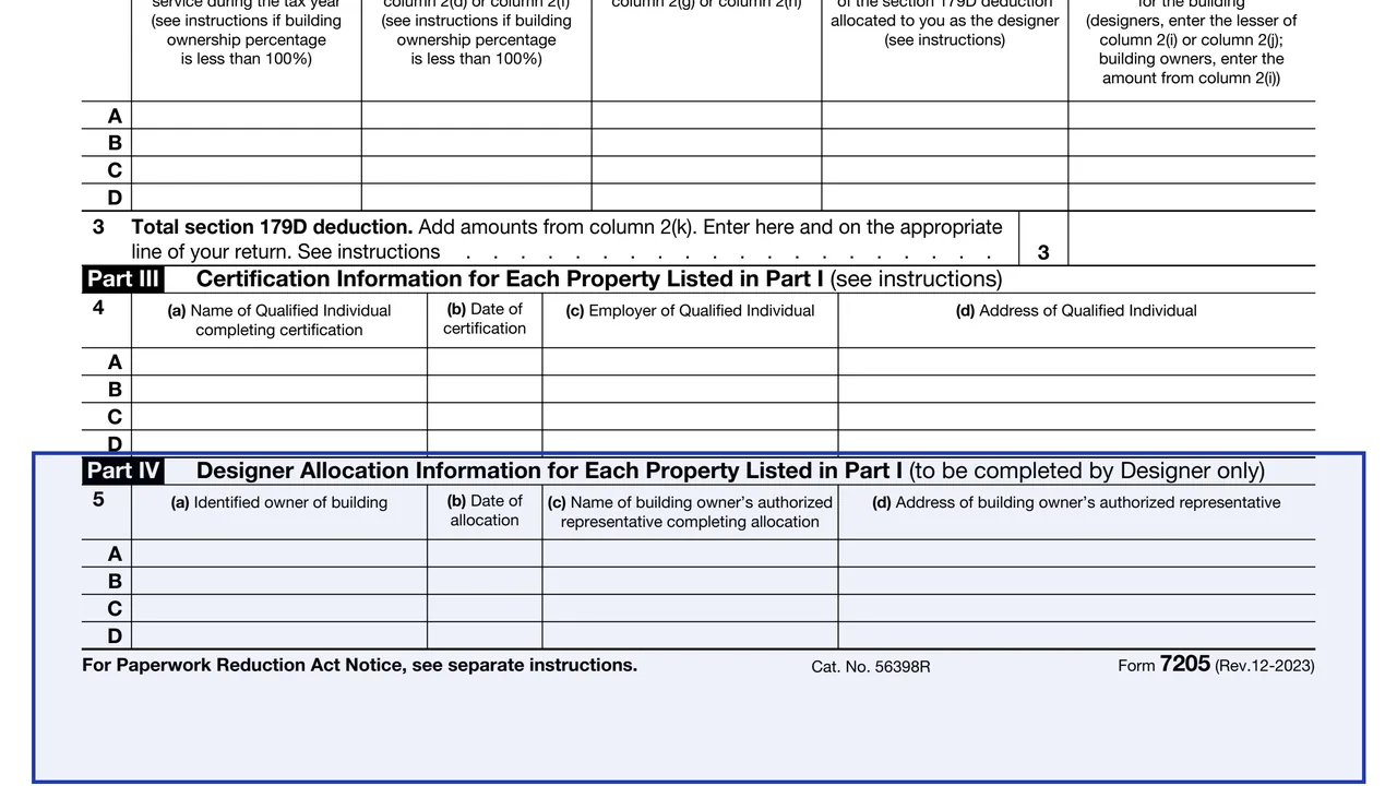 Part IV: designer allocation on page 1 of Form 7205: Energy Efficient Commercial Buildings Deduction, as printed by IRS
