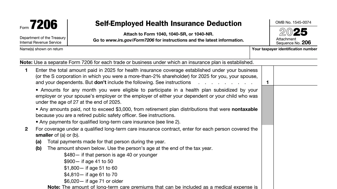 Top of page 1 of Form 7206: Self-Employed Health Insurance Deduction (2025), as printed by IRS