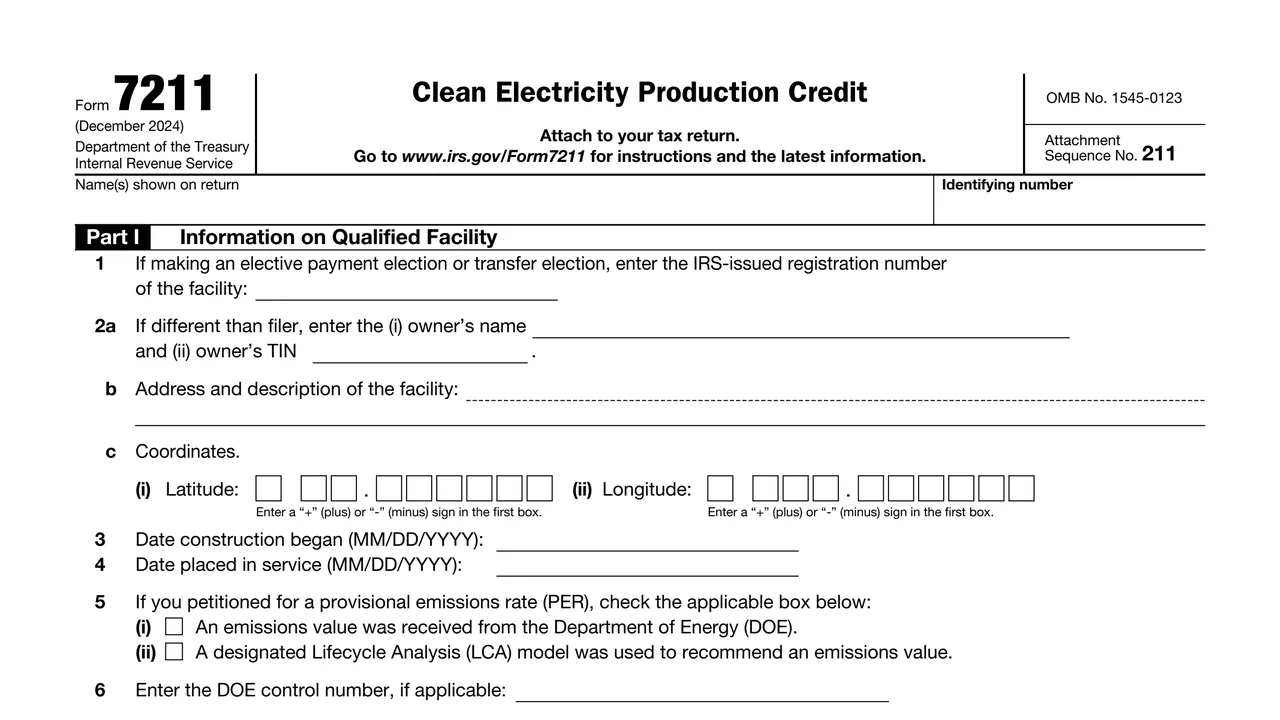 Top of page 1 of Form 7211: Clean Electricity Production Credit, as printed by IRS