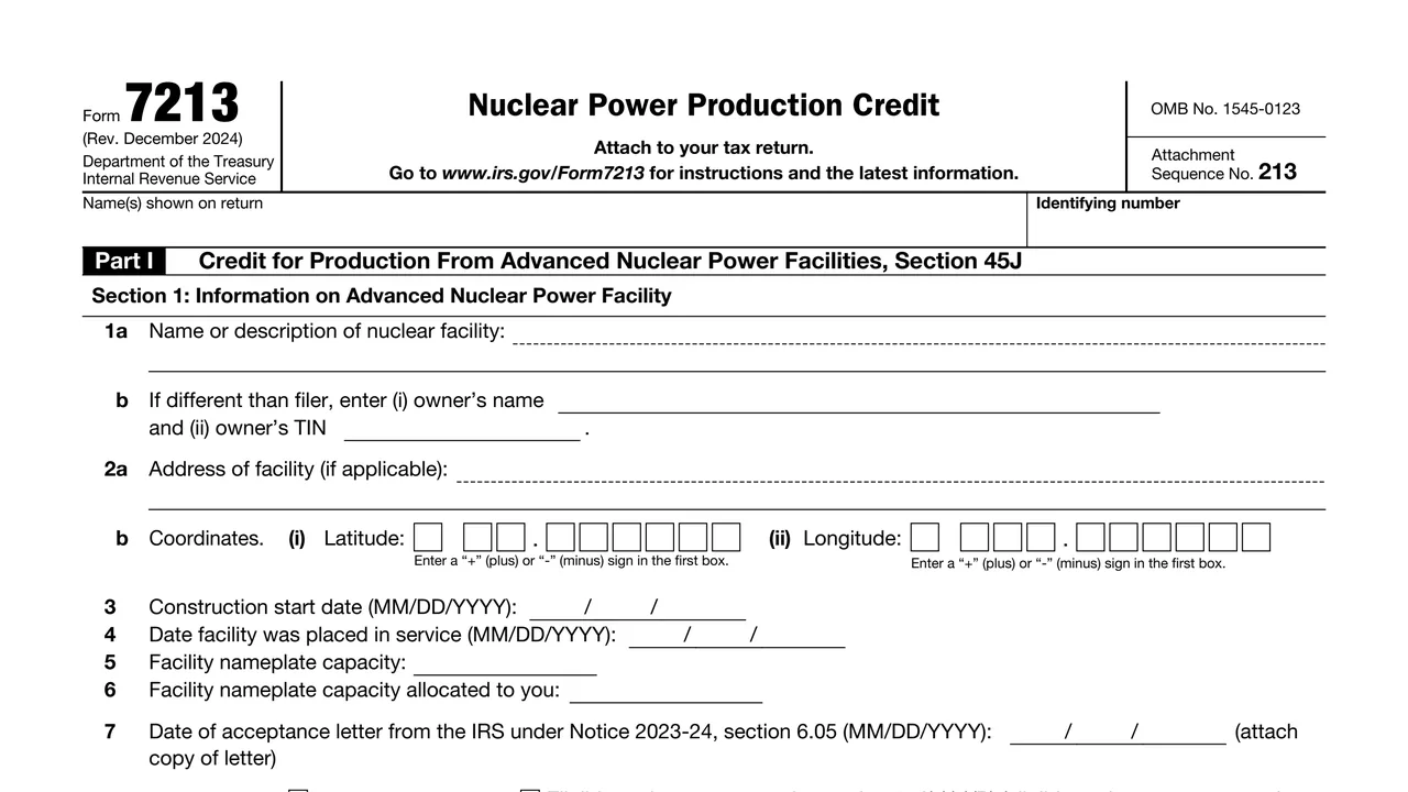 Top of page 1 of Form 7213: Nuclear Power Production Credit, as printed by IRS