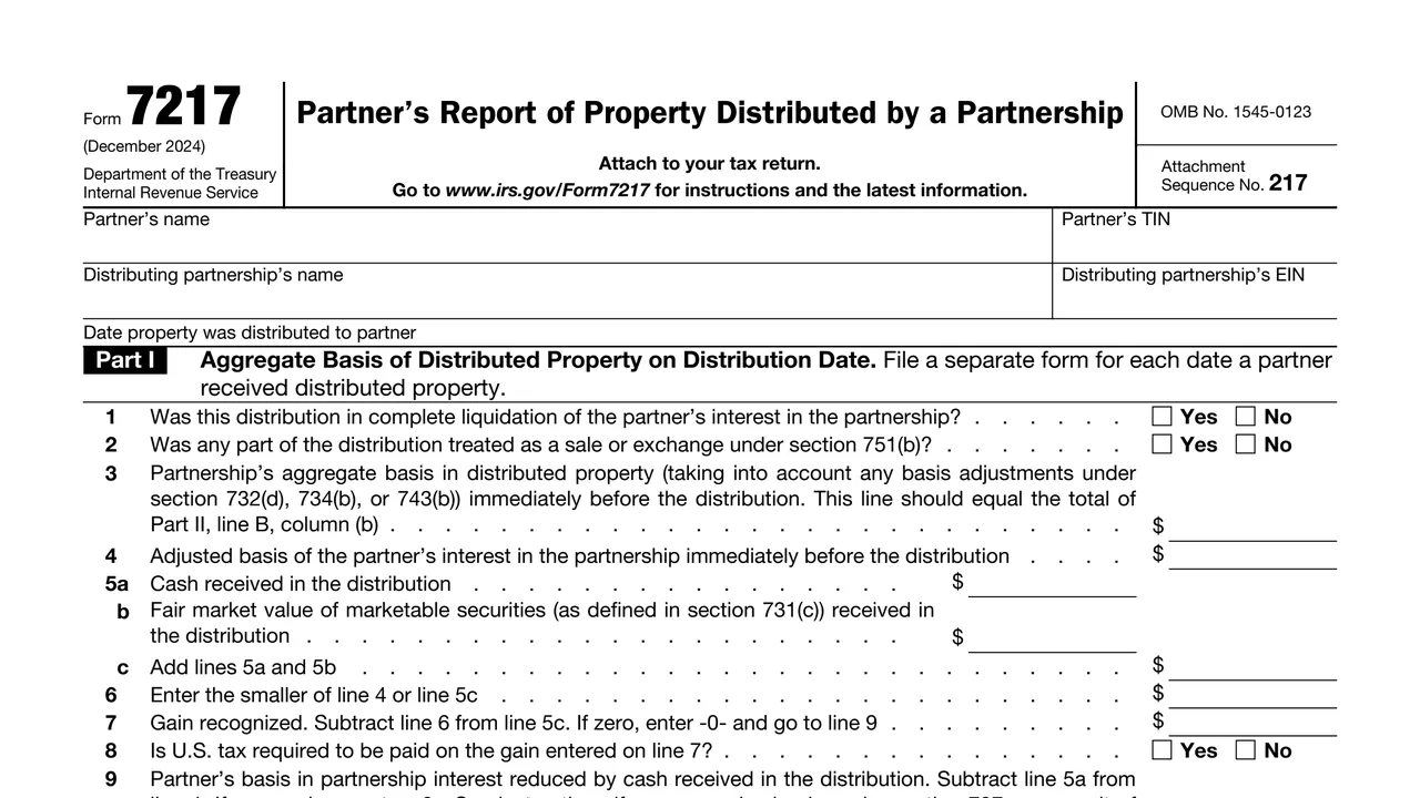 Top of page 1 of Form 7217: Partner's Report of Property Distributed by a Partnership, as printed by IRS