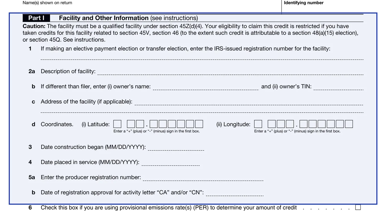 Part I, lines 1 and 2: the facility on page 1 of Form 7218: Clean Fuel Production Credit, as printed by IRS
