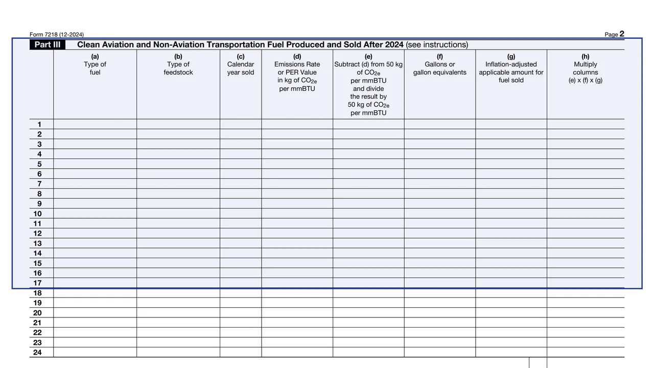 Part III: fuel produced and sold after 2024 on page 2 of Form 7218: Clean Fuel Production Credit, as printed by IRS