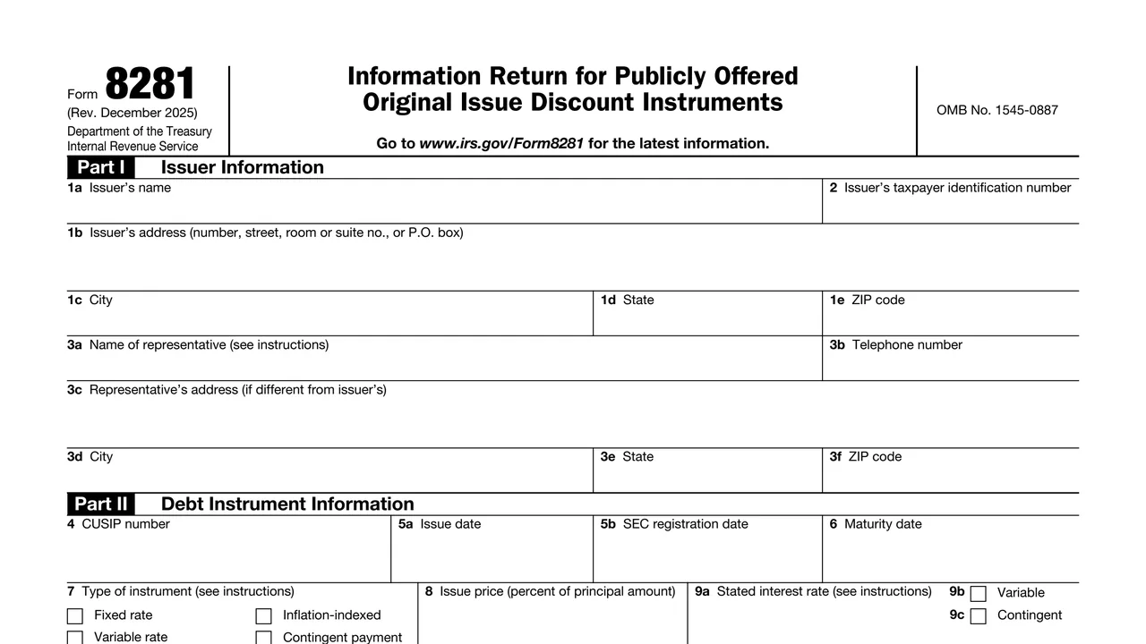 Top of page 1 of Form 8281: Information Return for Publicly Offered Original Issue Discount Instruments, as printed by IRS