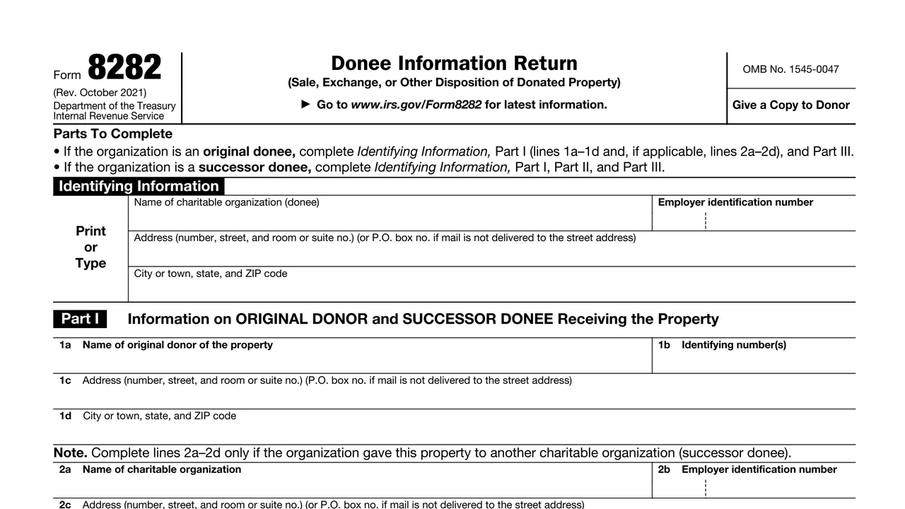 Top of page 1 of Form 8282: Donee Information Return, as printed by IRS