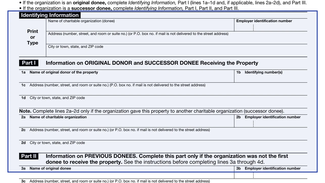 Identifying Information on page 1 of Form 8282: Donee Information Return, as printed by IRS