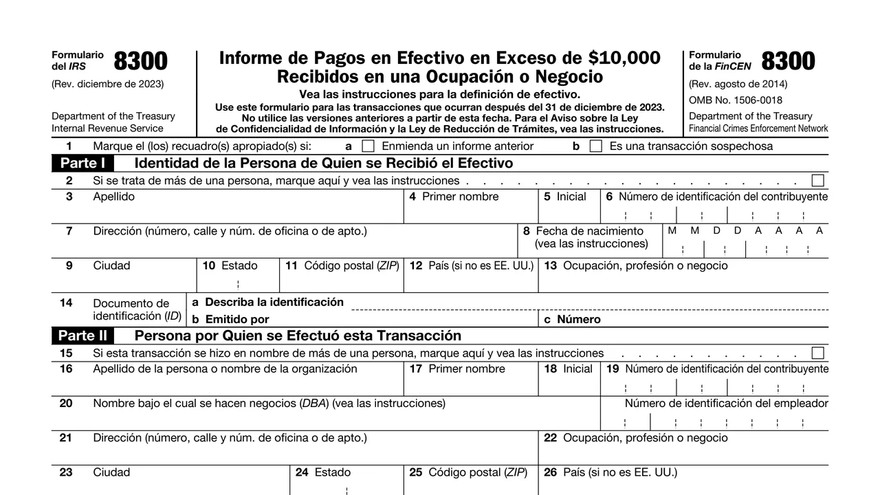 Top of page 1 of Form 8300 (sp): Report of Cash Payments Over $10,000, Spanish Version, as printed by IRS