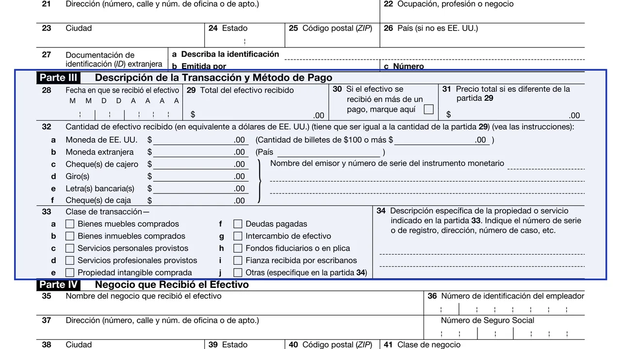 Parte III: Descripción de la Transacción y Método de Pago on page 1 of Form 8300 (sp): Report of Cash Payments Over $10,000, Spanish Version, as printed by IRS