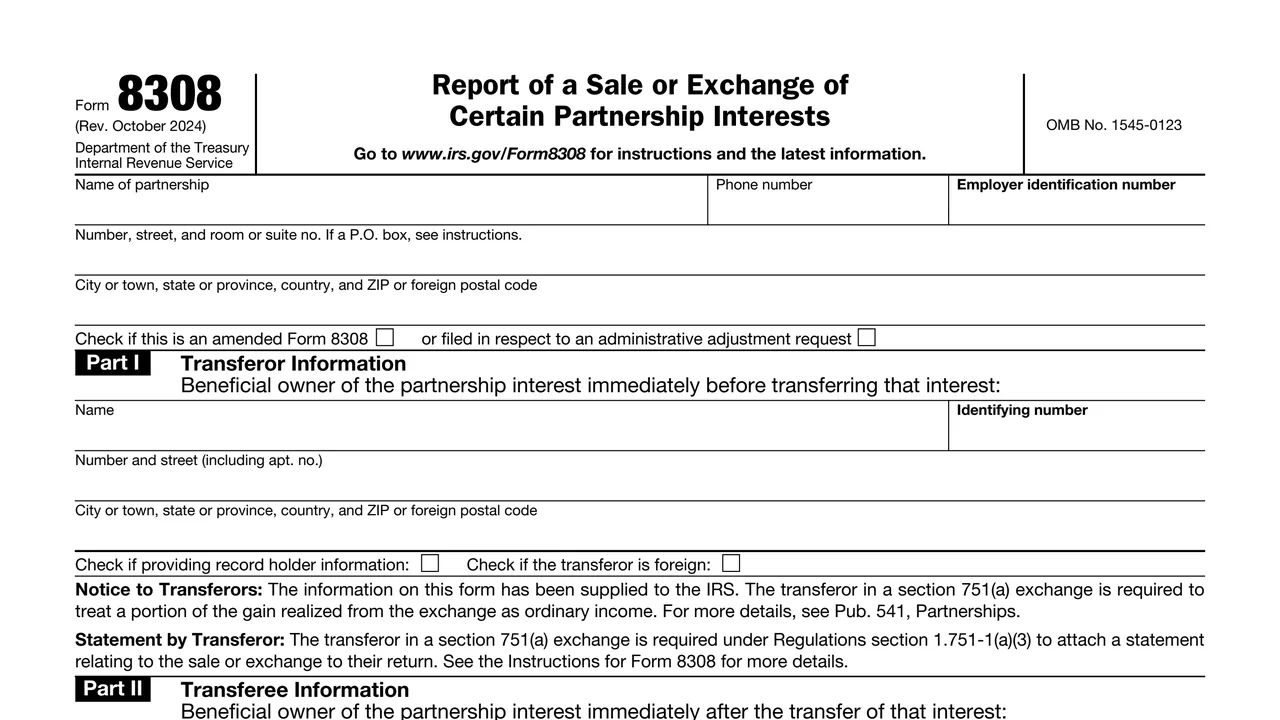 Top of page 1 of Form 8308: Report of a Sale or Exchange of Certain Partnership Interests, as printed by IRS