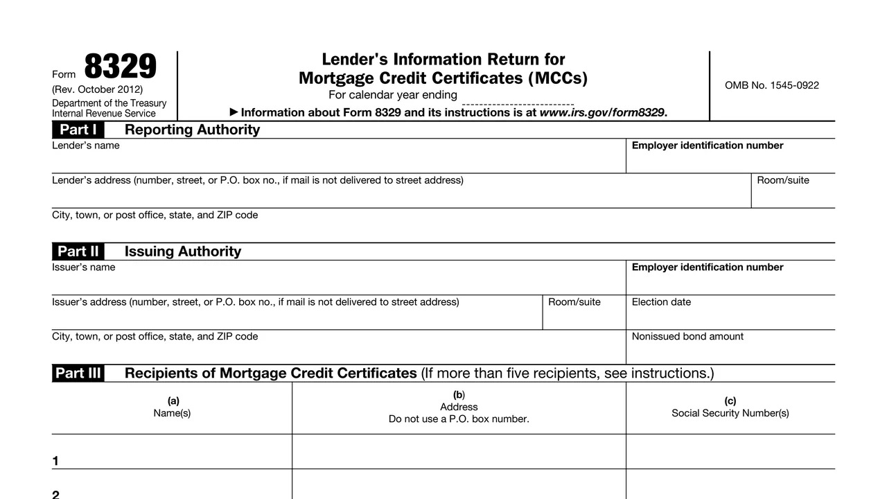 Top of page 1 of Form 8329: Lender's Information Return for Mortgage Credit Certificates (MCCs), as printed by IRS