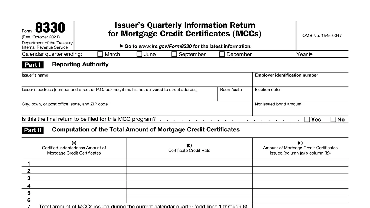 Top of page 1 of Form 8330: Issuer's Quarterly Information Return for Mortgage Credit Certificates (MCCs), as printed by IRS