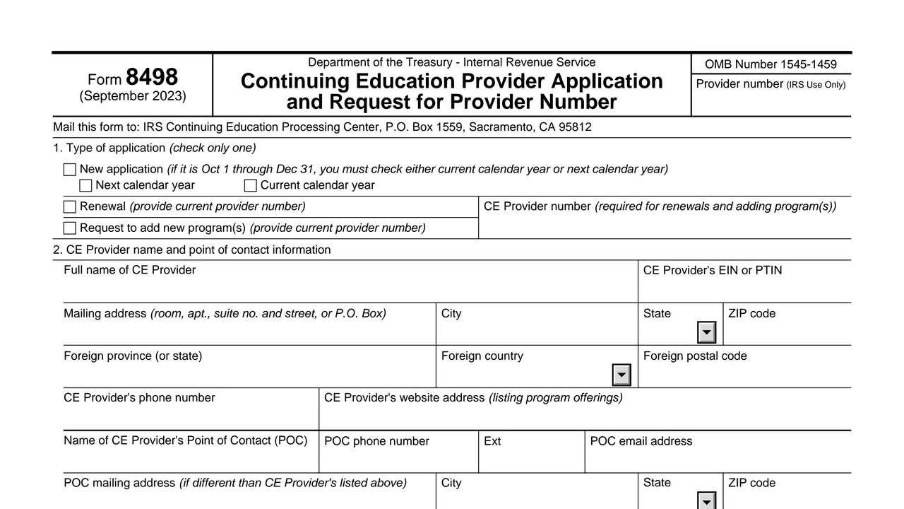 Top of page 1 of Form 8498: Continuing Education Provider Application and Request for Provider Number, as printed by IRS