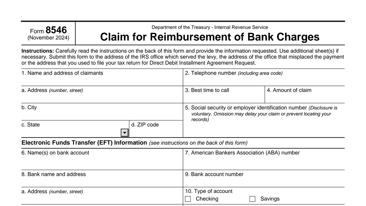 Top of page 1 of Form 8546: Claim for Reimbursement of Bank Charges, as printed by IRS