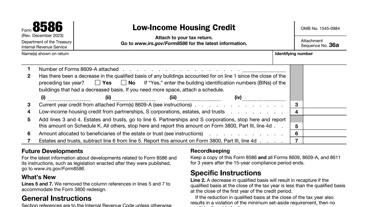 Top of page 1 of Form 8586: Low-Income Housing Credit, as printed by IRS