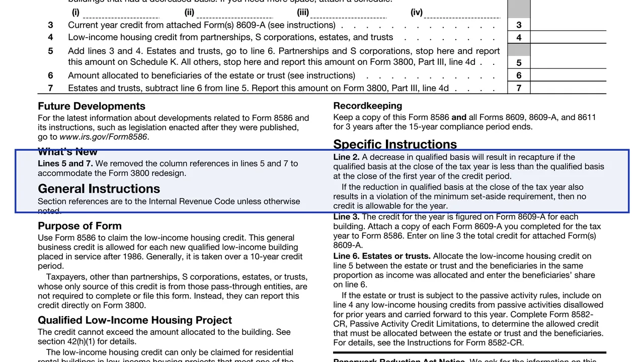 Line 2: decrease in qualified basis on page 1 of Form 8586: Low-Income Housing Credit, as printed by IRS