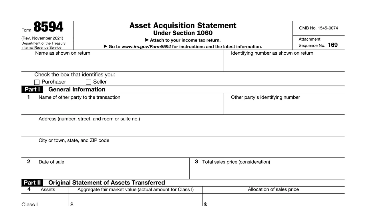 Top of page 1 of Form 8594: Asset Acquisition Statement Under Section 1060, as printed by IRS