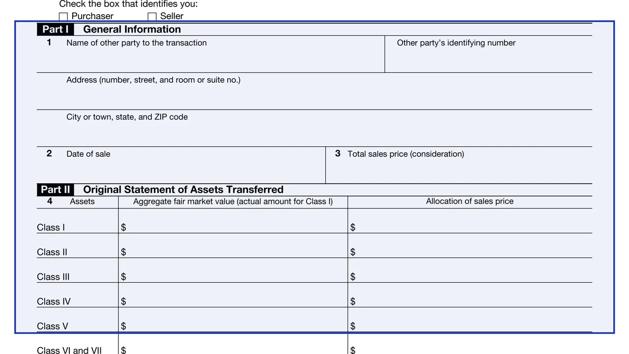 Part I: General Information on page 1 of Form 8594: Asset Acquisition Statement Under Section 1060, as printed by IRS