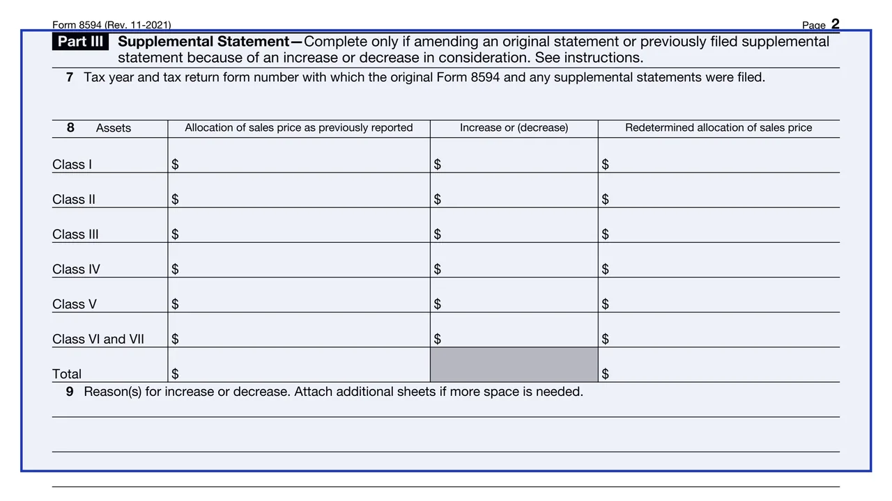 Part III: Supplemental Statement on page 2 of Form 8594: Asset Acquisition Statement Under Section 1060, as printed by IRS
