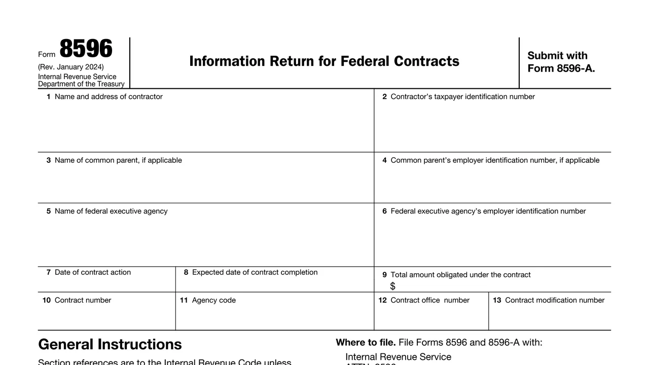 Top of page 1 of Form 8596: Information Return for Federal Contracts, as printed by IRS