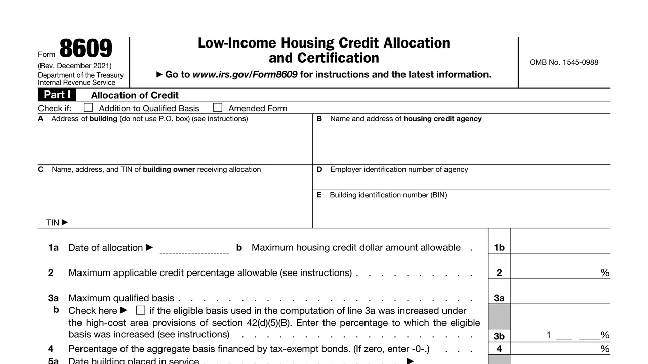 Top of page 1 of Form 8609: Low-Income Housing Credit Allocation and Certification, as printed by IRS