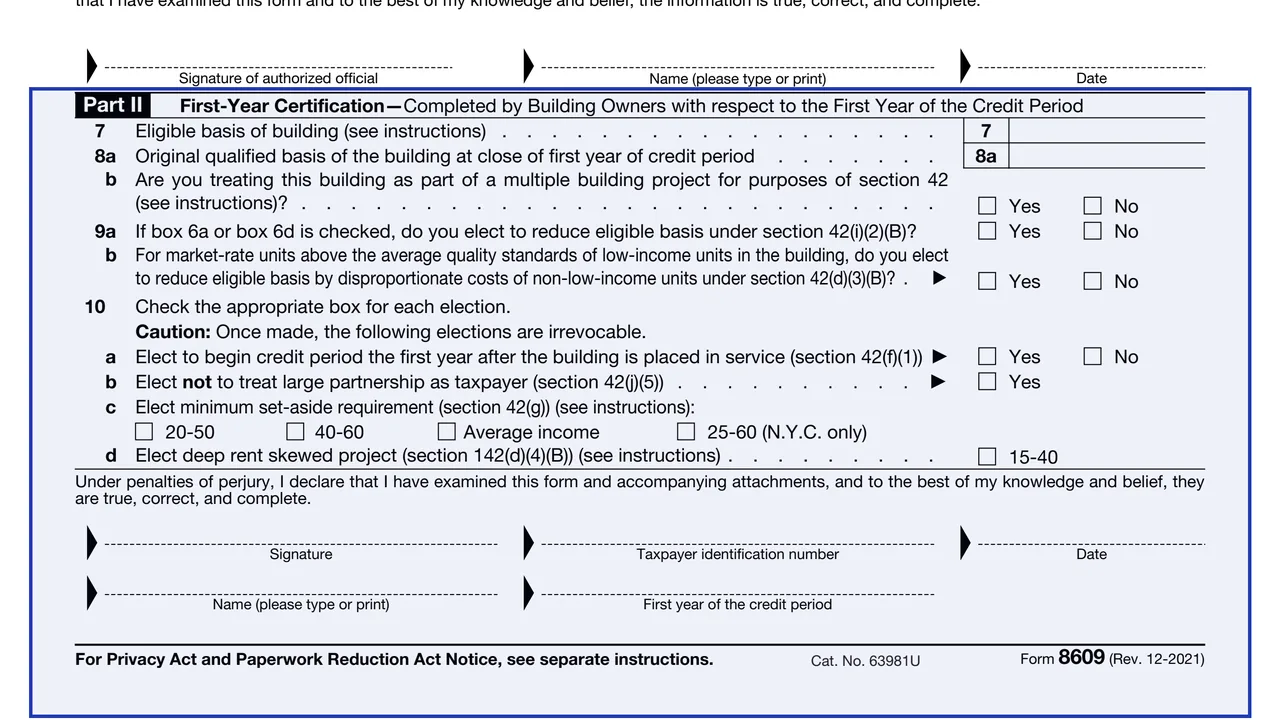 Part II, lines 7 to 9 on page 1 of Form 8609: Low-Income Housing Credit Allocation and Certification, as printed by IRS