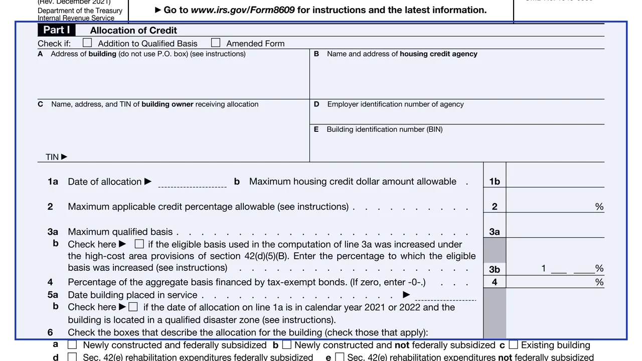 Part I (agency only) on page 1 of Form 8609: Low-Income Housing Credit Allocation and Certification, as printed by IRS