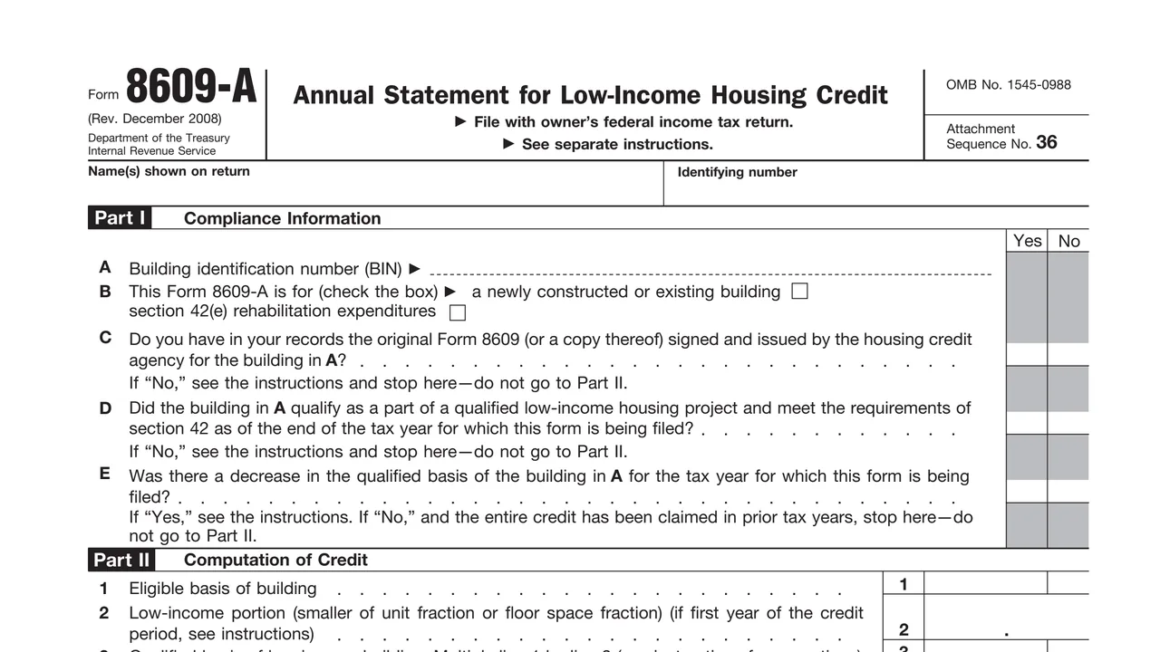 Top of page 1 of Form 8609-A: Annual Statement for Low-Income Housing Credit, as printed by IRS