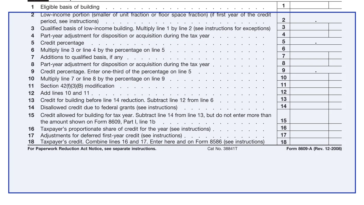 Part II, lines 1 to 6 on page 1 of Form 8609-A: Annual Statement for Low-Income Housing Credit, as printed by IRS