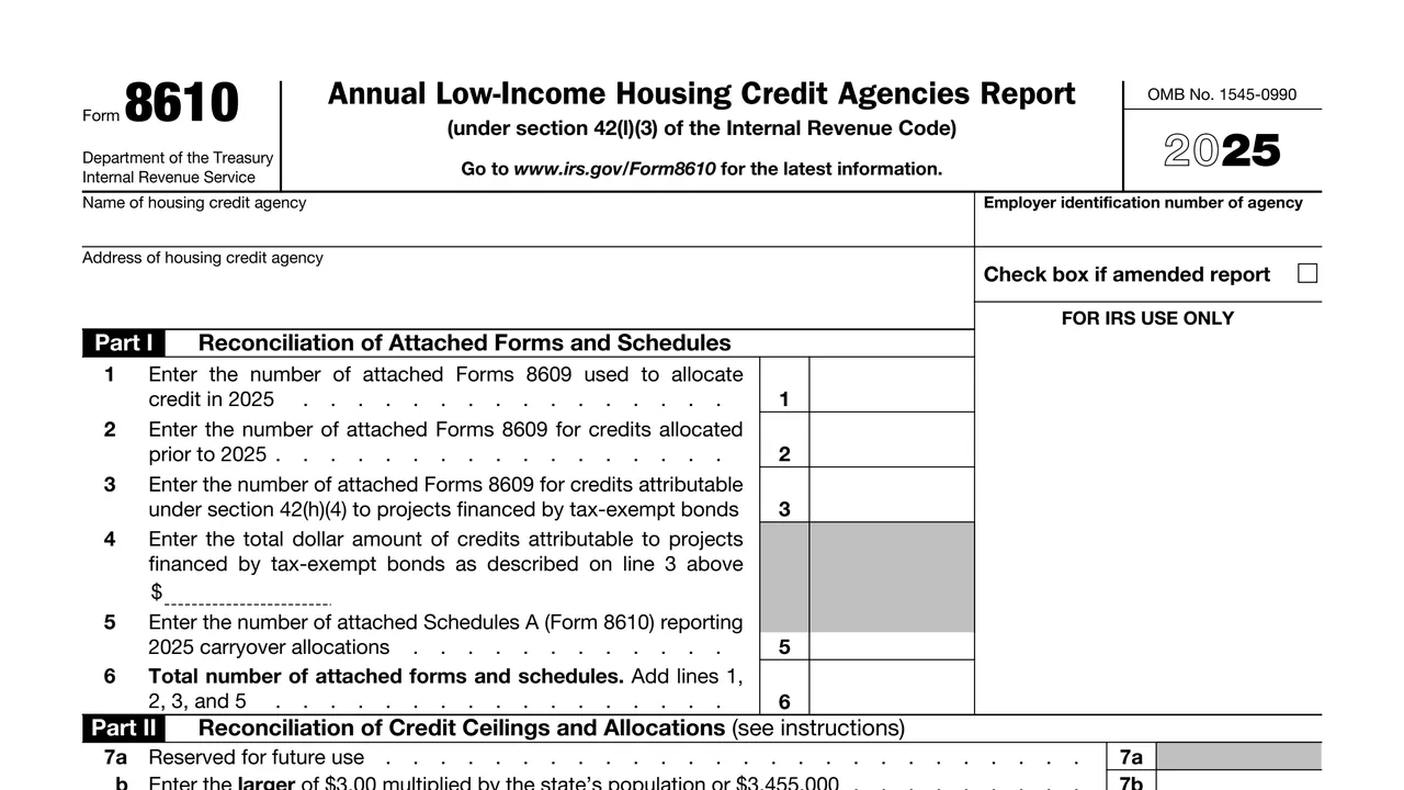 Top of page 1 of Form 8610 (2025): Annual Low-Income Housing Credit Agencies Report, as printed by IRS
