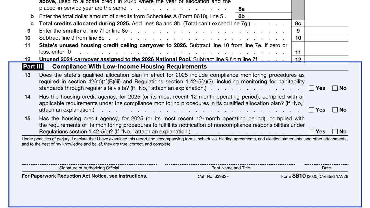 Part III: compliance monitoring on page 1 of Form 8610 (2025): Annual Low-Income Housing Credit Agencies Report, as printed by IRS