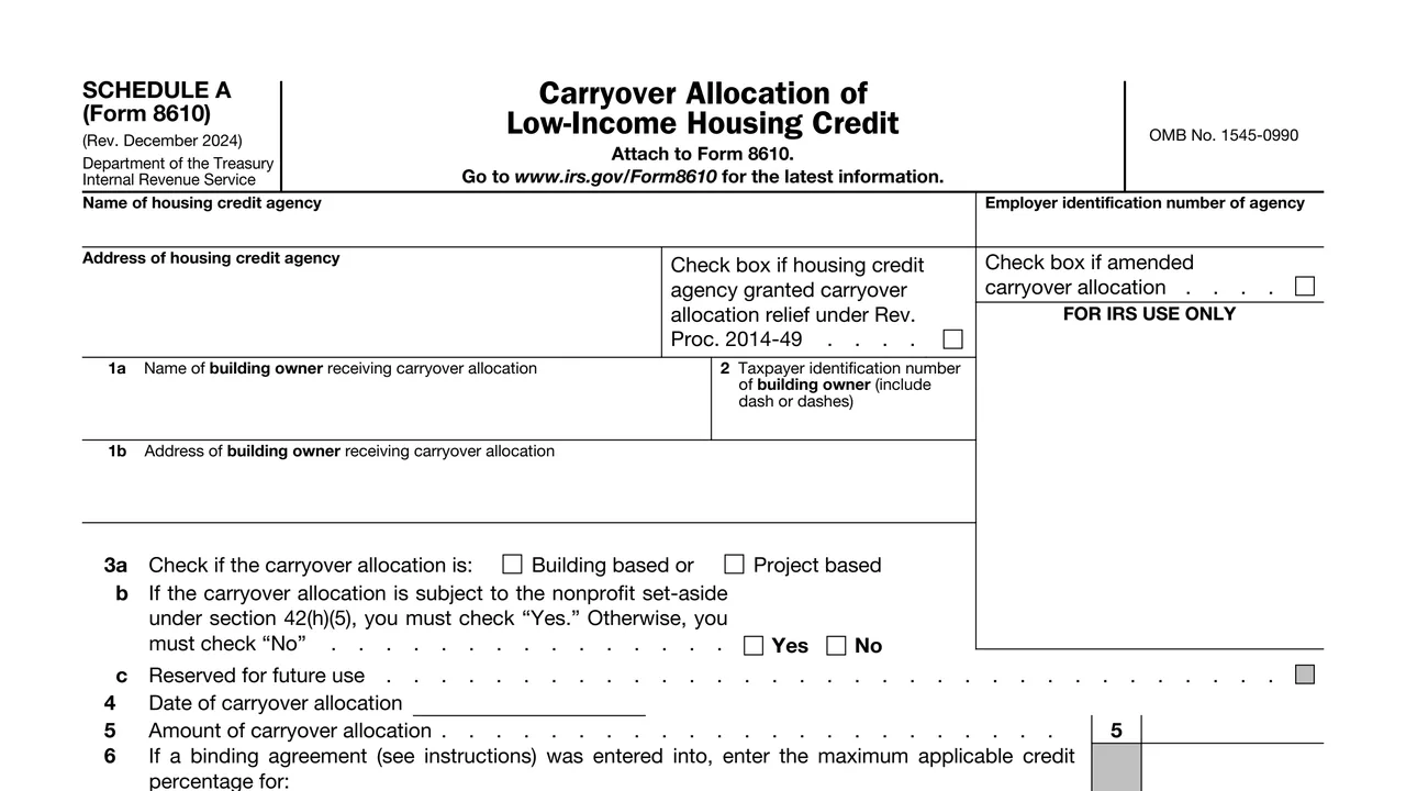 Top of page 1 of Schedule A (Form 8610): Carryover Allocation of Low-Income Housing Credit, as printed by IRS