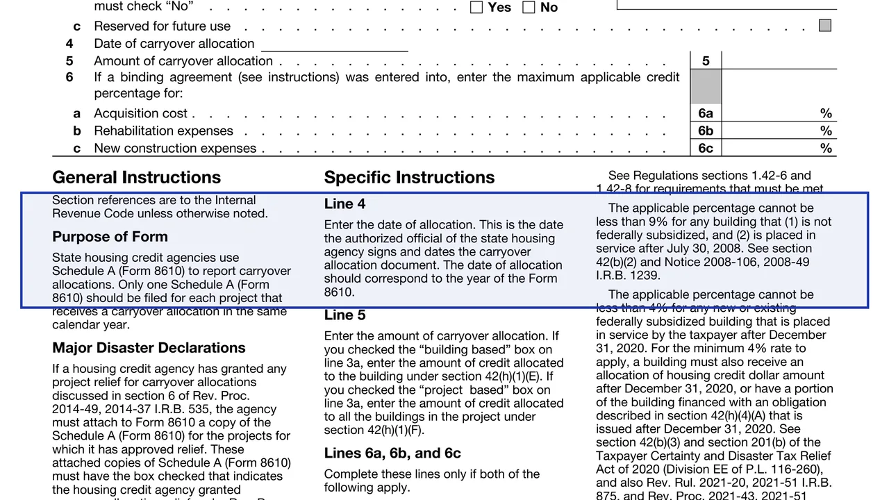 Line 4 on page 1 of Schedule A (Form 8610): Carryover Allocation of Low-Income Housing Credit, as printed by IRS