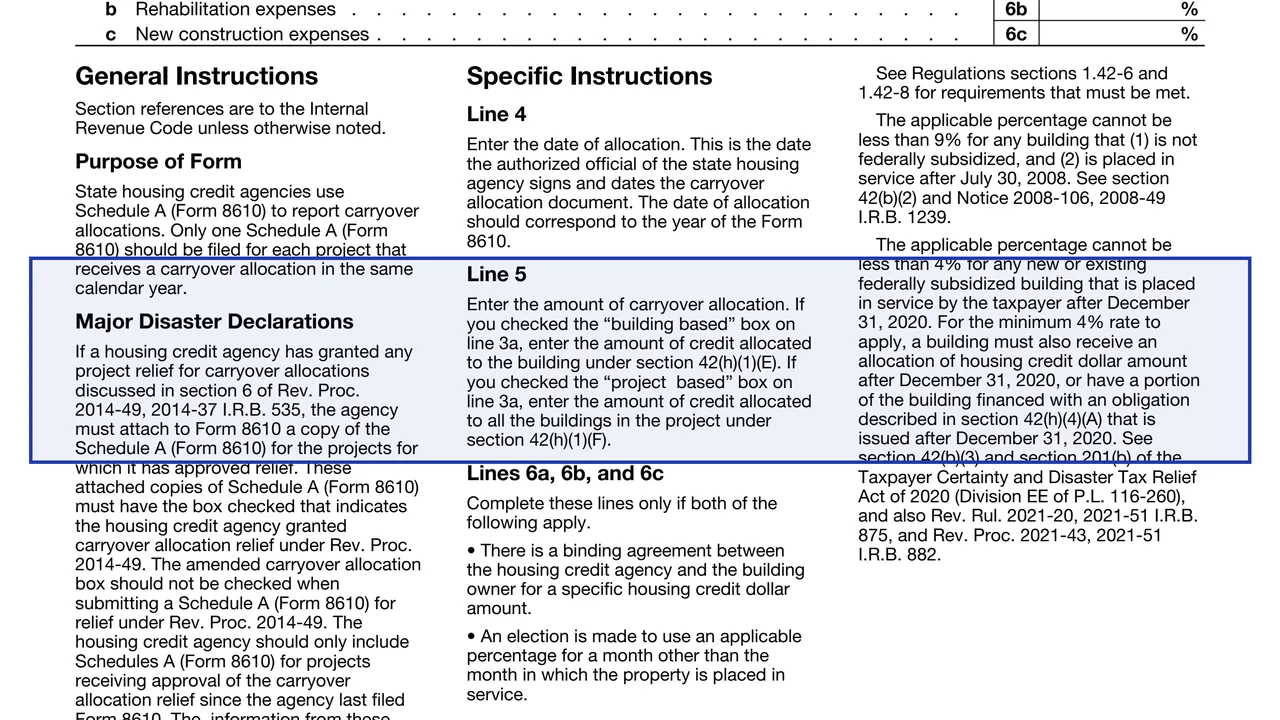 Line 5 on page 1 of Schedule A (Form 8610): Carryover Allocation of Low-Income Housing Credit, as printed by IRS