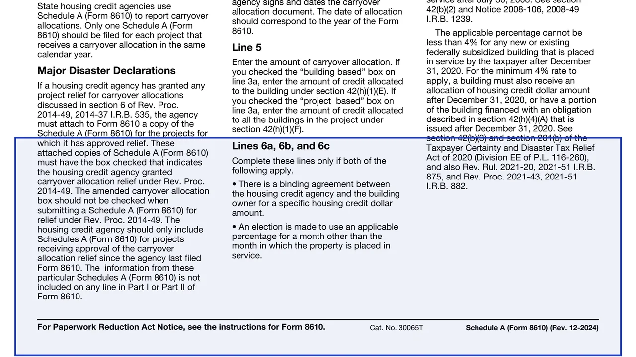 Lines 6a, 6b and 6c on page 1 of Schedule A (Form 8610): Carryover Allocation of Low-Income Housing Credit, as printed by IRS