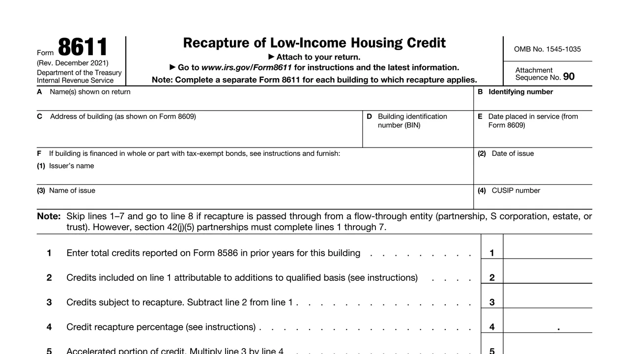Top of page 1 of Form 8611: Recapture of Low-Income Housing Credit, as printed by IRS