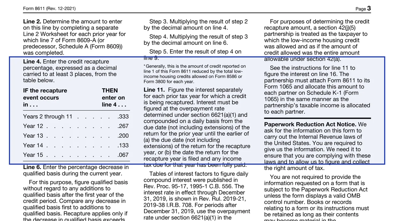 Line 4 on page 3 of Form 8611: Recapture of Low-Income Housing Credit, as printed by IRS