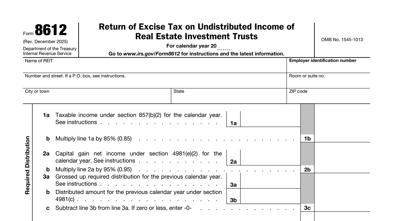 Top of page 1 of Form 8612: Return of Excise Tax on Undistributed Income of Real Estate Investment Trusts, as printed by IRS